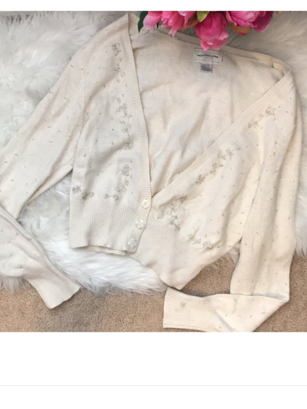 American Eagle White Embellished Beaded Crop Cardi Cardigan Sweater